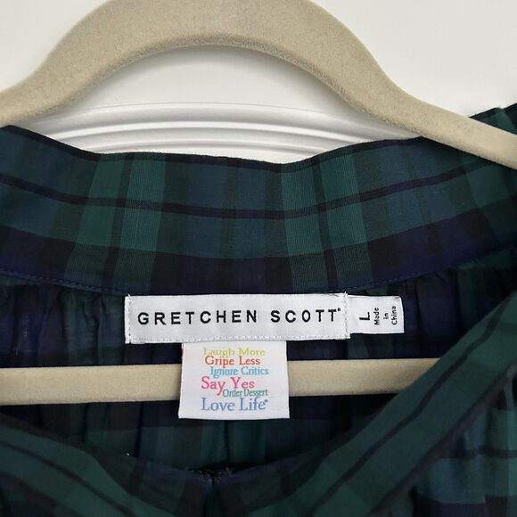 Gretchen Scott Blouse Womens Sz Large Blue Green Plaid Peasant 3/4 Sleeve Cotton - Picture 3 of 12